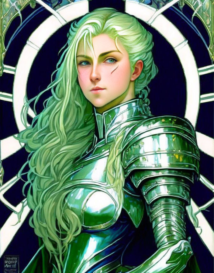 Fantasy female warrior with green hair and blue eyes in silver armor against glowing backdrop