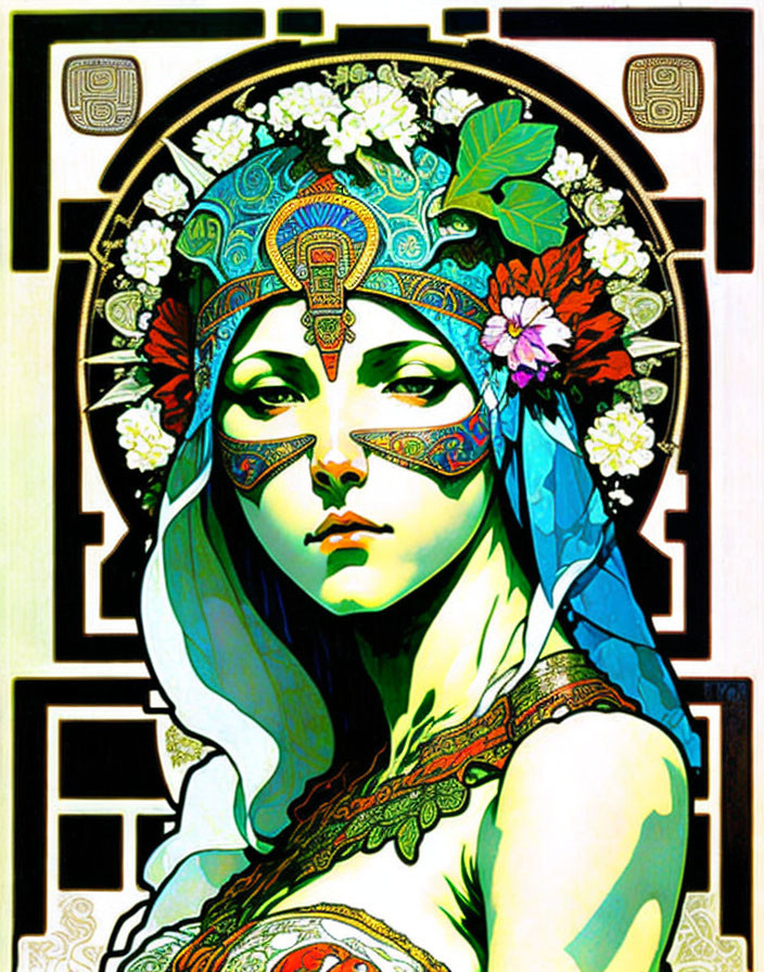 Woman with ornate headpiece and mask in Art Nouveau style frame