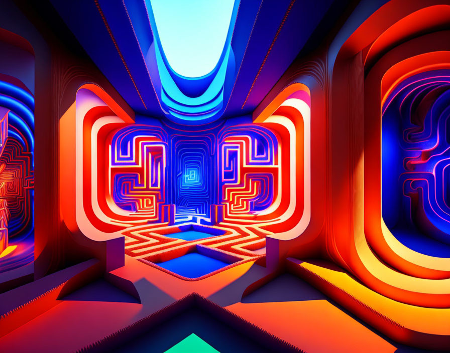 Symmetrical 3D digital art with neon blue and red colors