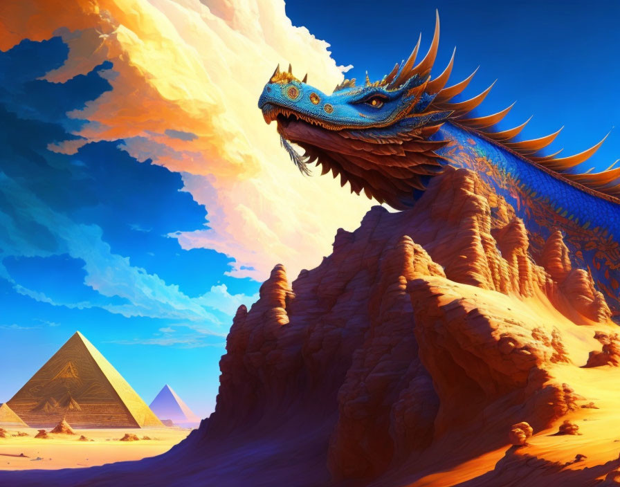 Blue dragon perched on rocky outcrop with pyramids and vibrant sunset