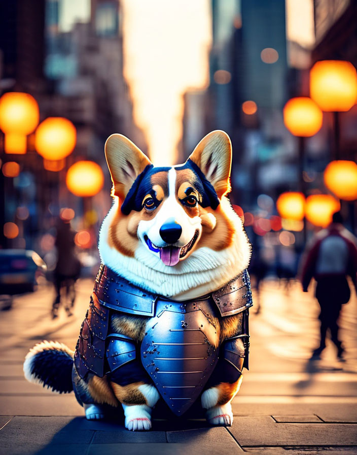 Smiling corgi in armored vest on urban street at dusk