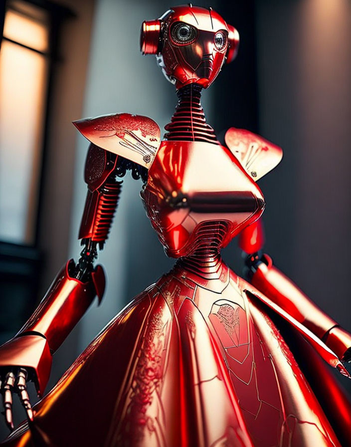 Glossy Red Humanoid Robot with Intricate Joint Design on Dimly Lit Background