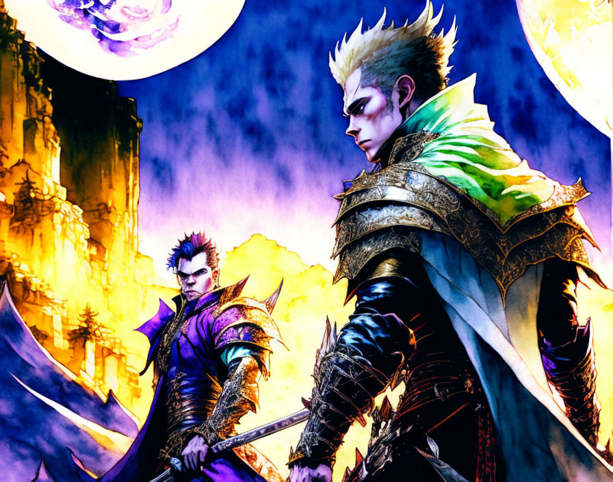 Fantasy battle-ready scene with spiky-haired characters in medieval armor under twin moons