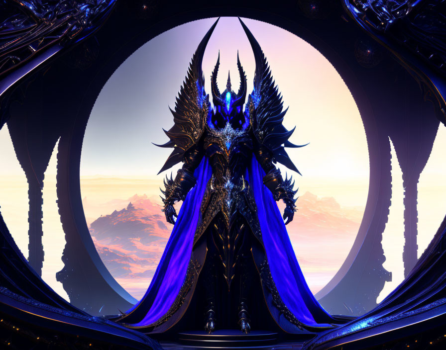 Majestic fantasy figure in black armor with glowing blue visage and purple cape.