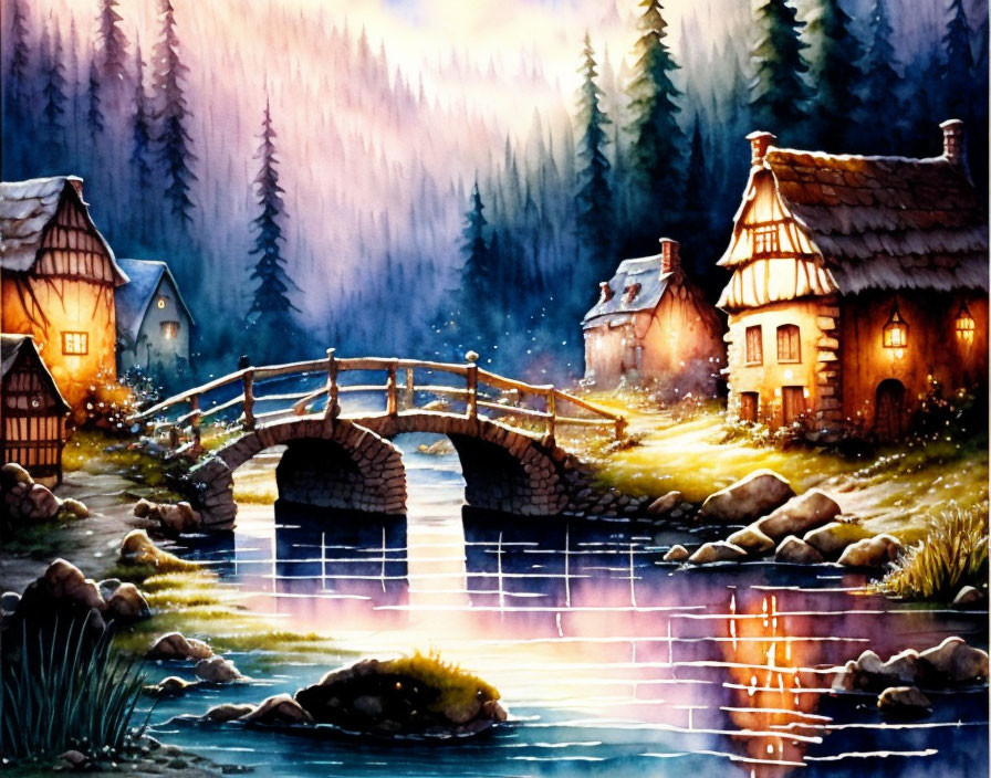 Tranquil watercolor painting of cozy cottages by river at dusk