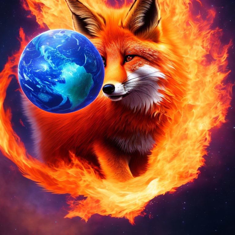 Surreal image: Fox surrounded by flames with Earth on its nose