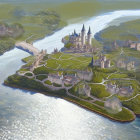 Fantasy coastal landscape with castle, village, rivers, fields, and ship