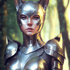 Mystical warrior in metallic armor in sunlit forest