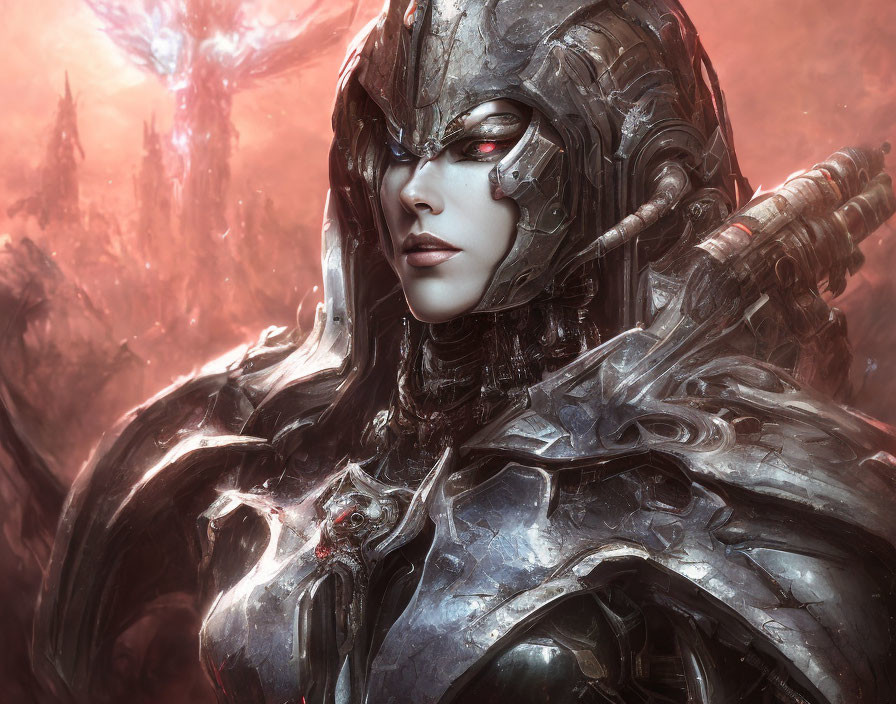 Female Warrior in Futuristic Armor on Mystical Crimson Background