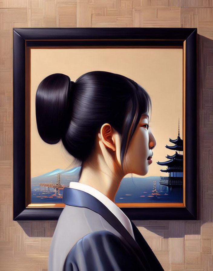 Profile Portrait of Woman with Bun Gazing at Seascape with Pagoda and Boats