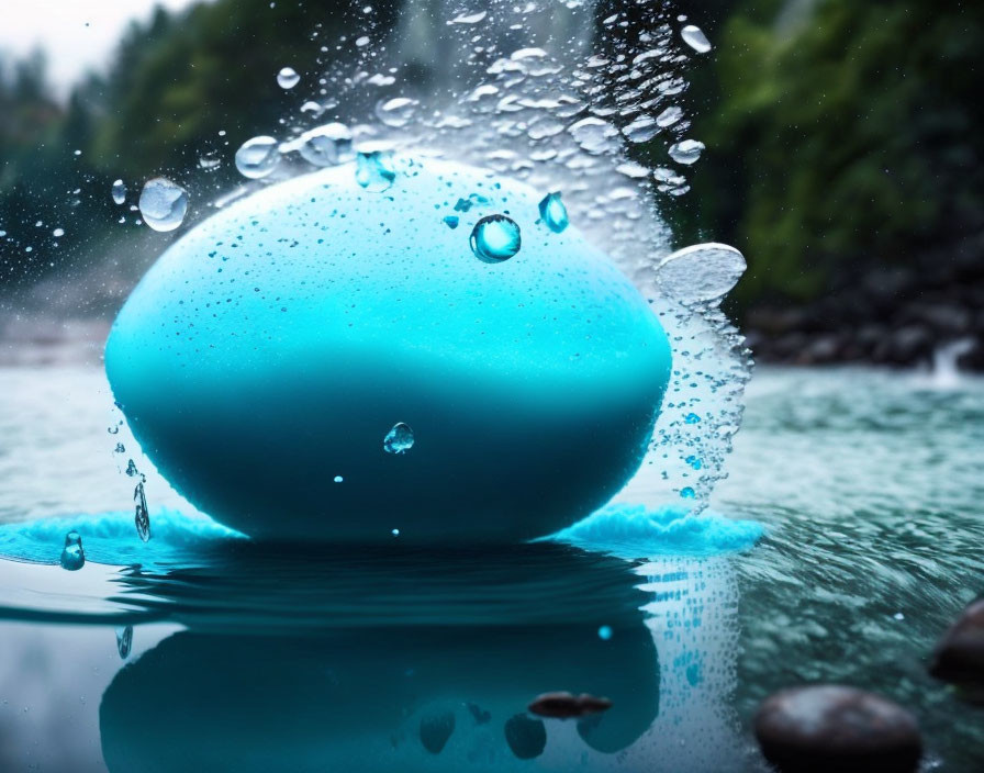 Blue spherical object creates dynamic splashes in water