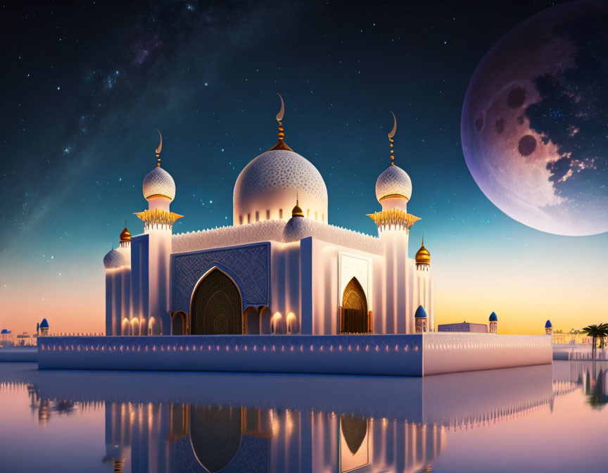 Majestic Mosque with White Domes and Golden Crescents in Twilight Sky