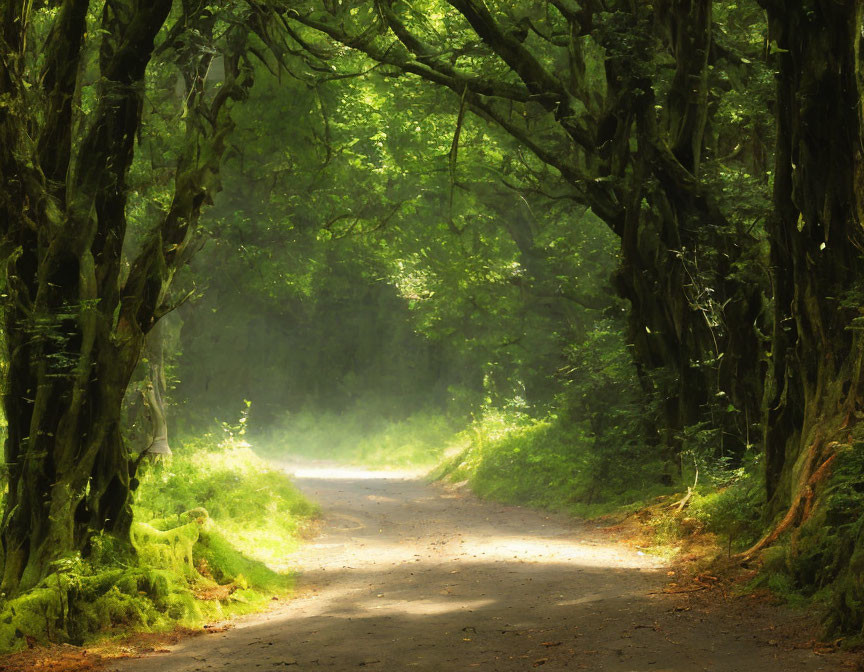 Tranquil forest path with sunlight through leafy archway