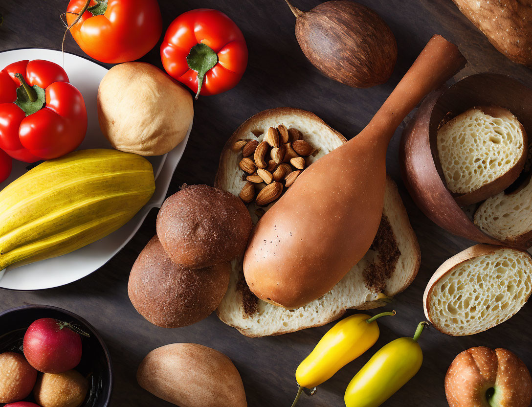 Assorted Food Items on Table: Bread, Almonds, Squash, Tomatoes, Pears