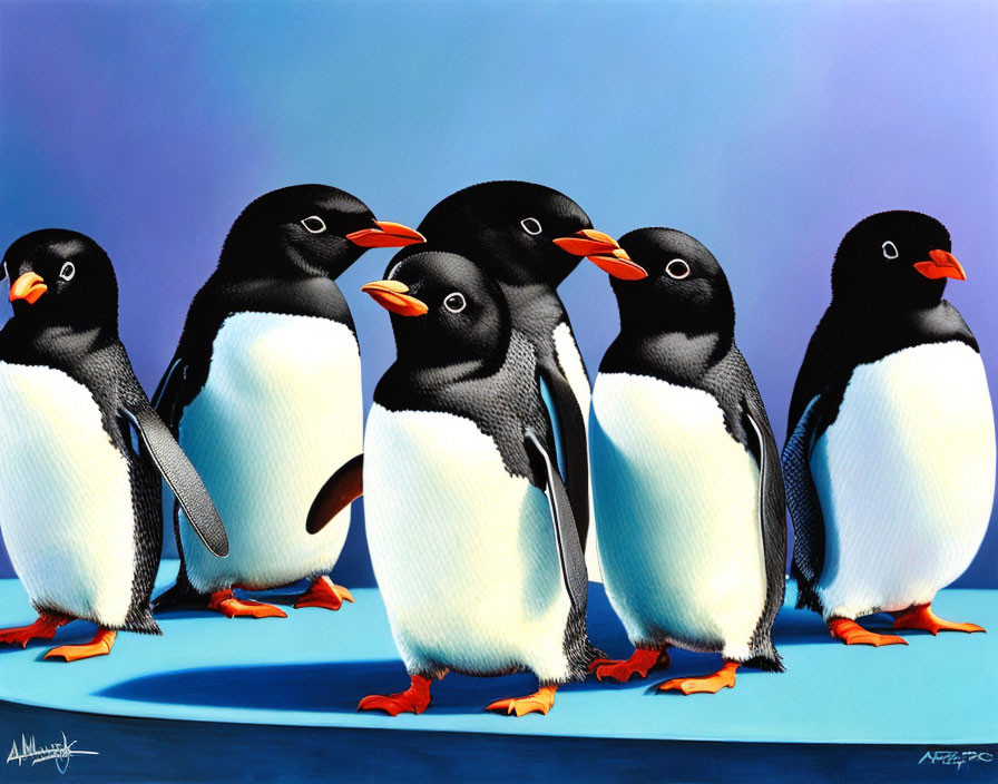 Seven Cartoon Penguins in Row on Blue Gradient Background