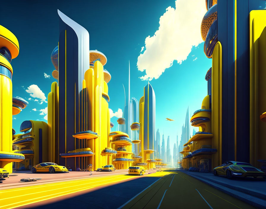 Futuristic Cityscape with Yellow and Blue Buildings in Clear Skies