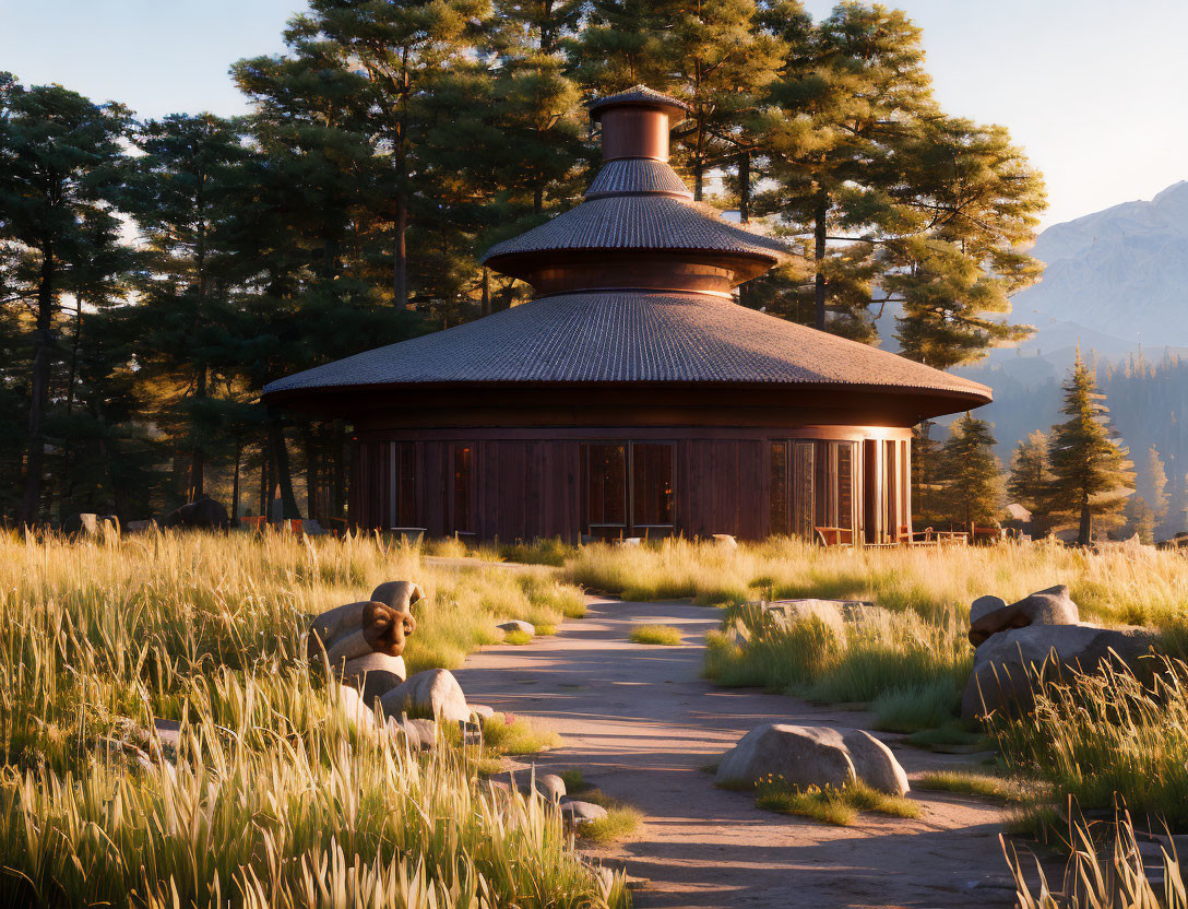 Wooden building with conical roof in forest clearing, sculptures of bears, path at sunrise