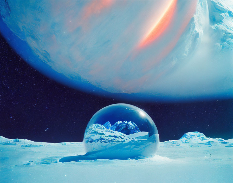 Surreal landscape featuring crystal ball, mountains, and planet with rings