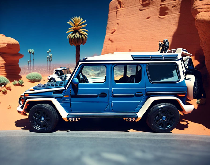 Blue SUV parked in desert with red rocks and palm tree under clear sky