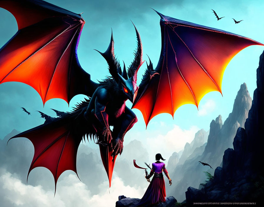 Person confronting giant dragon with fiery wings on rocky cliff under blue sky