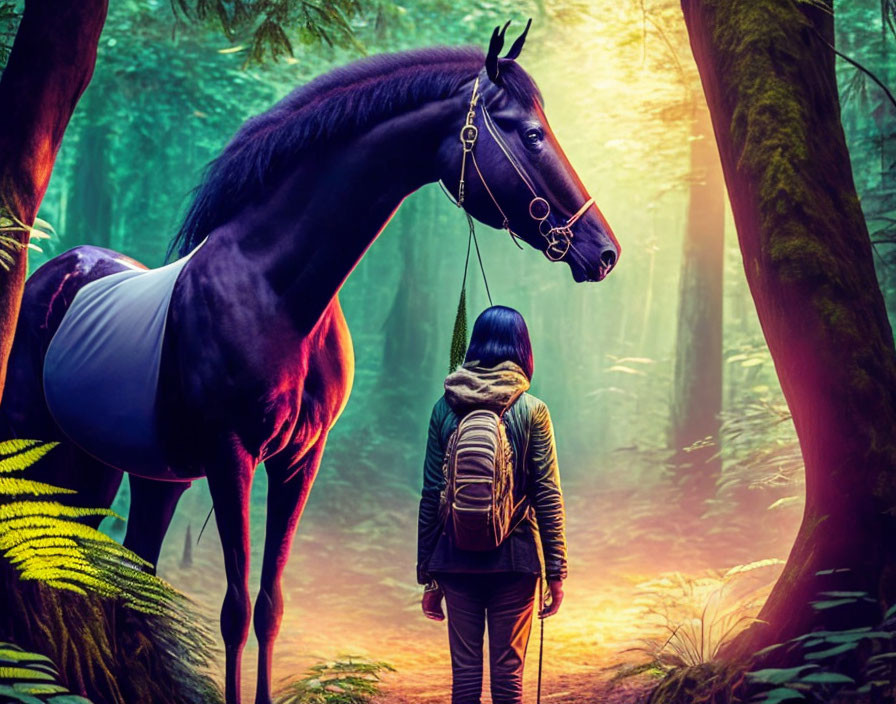 Backpacker encounters majestic horse in mystical forest