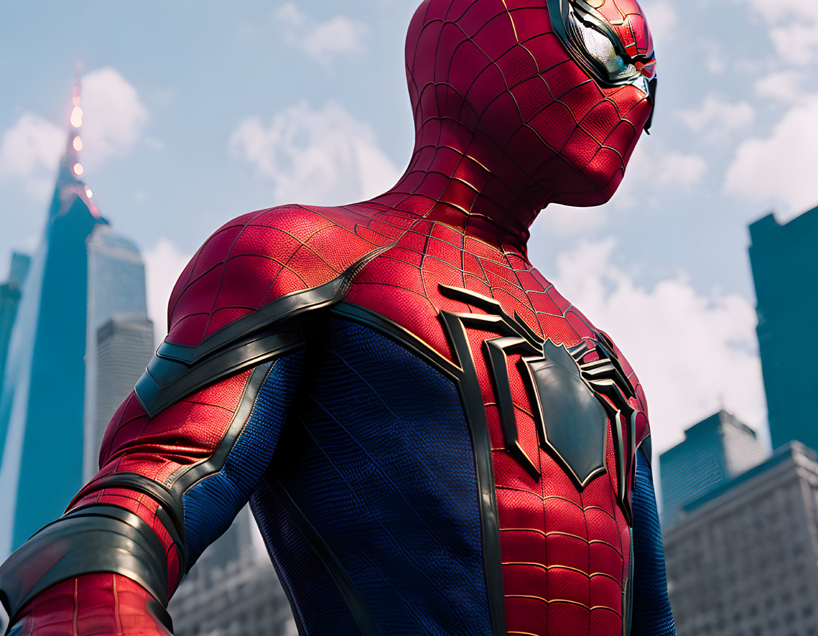 Close-up of Spider-Man in red and blue suit with black spider emblem overlooking city skyline