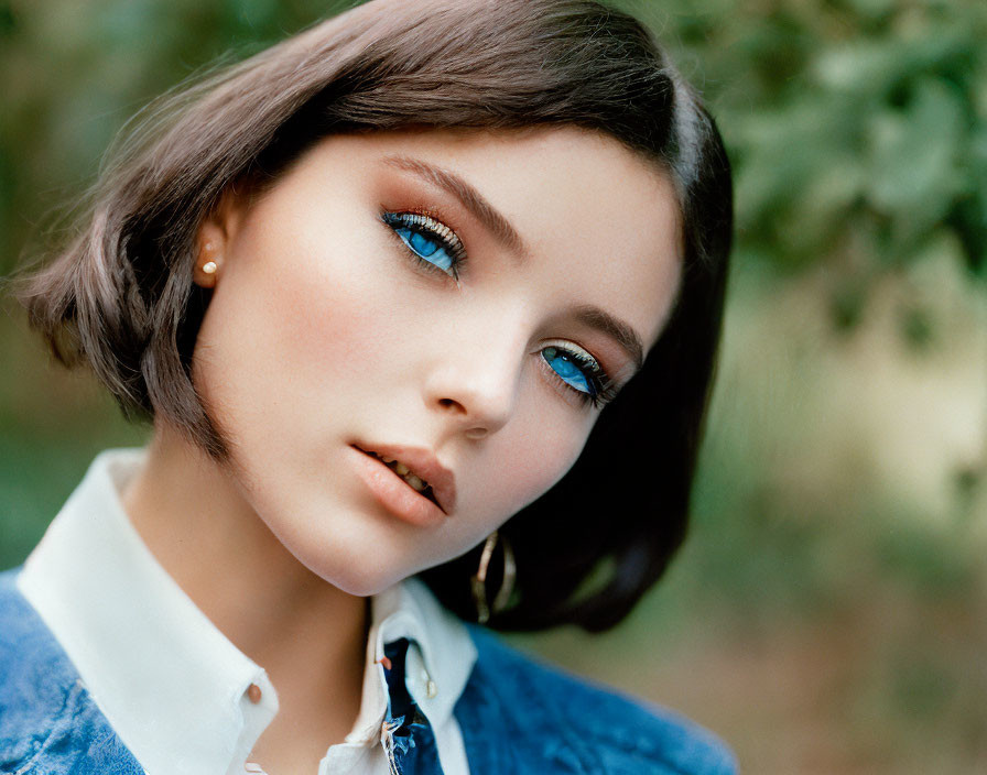 Portrait of woman with blue eyes, brown hair, light makeup, denim shirt in natural setting