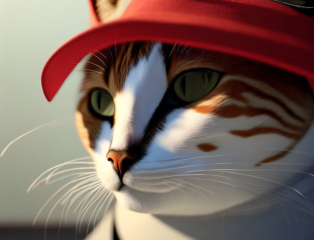 Detailed Close-Up of Stylish Red Hat on Cat with Green Eyes