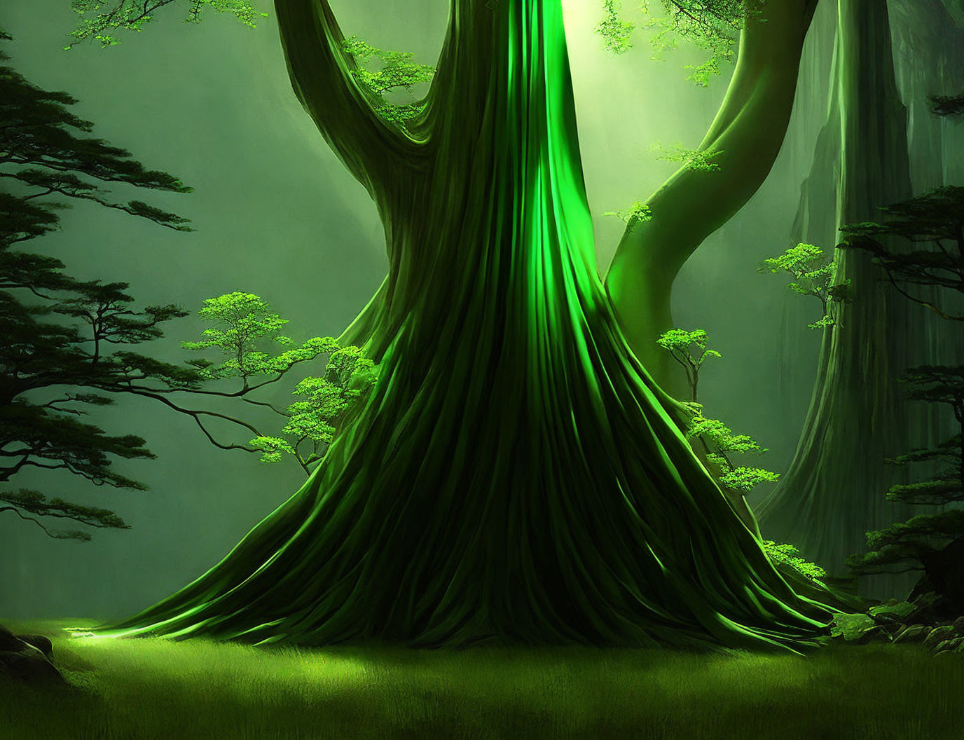 Majestic tree in mystical forest with ethereal green glow