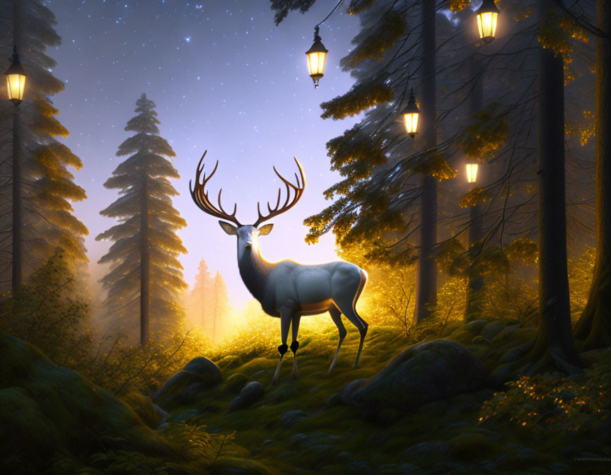 White stag in enchanting forest under starry sky with glowing lanterns