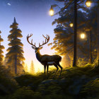 White stag in enchanting forest under starry sky with glowing lanterns