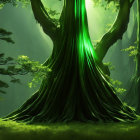 Majestic tree in mystical forest with ethereal green glow