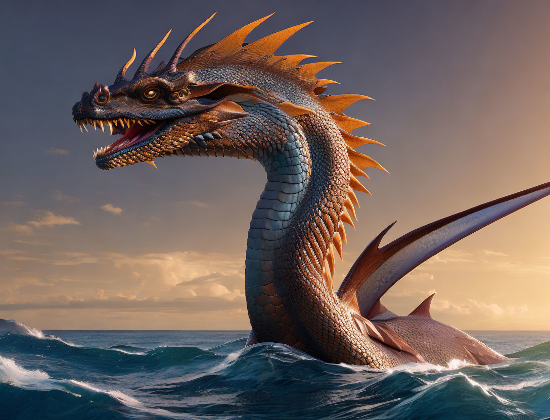 Majestic dragon with orange spines emerges from ocean at sunset