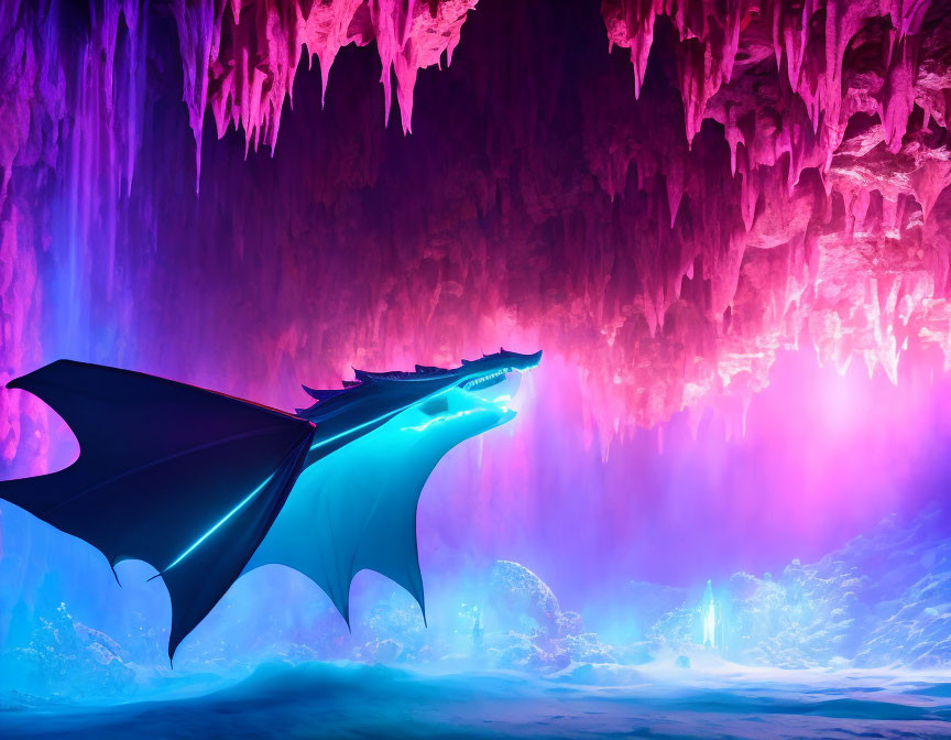 Majestic dragon in neon-lit cave with iridescent stalactites