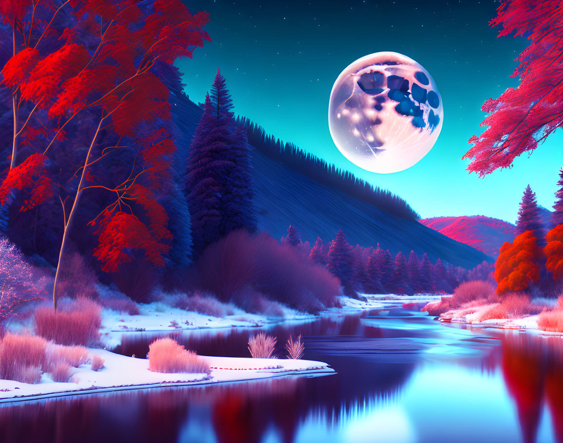 Surreal landscape with full moon, serene river, red-leafed trees, snow patches,