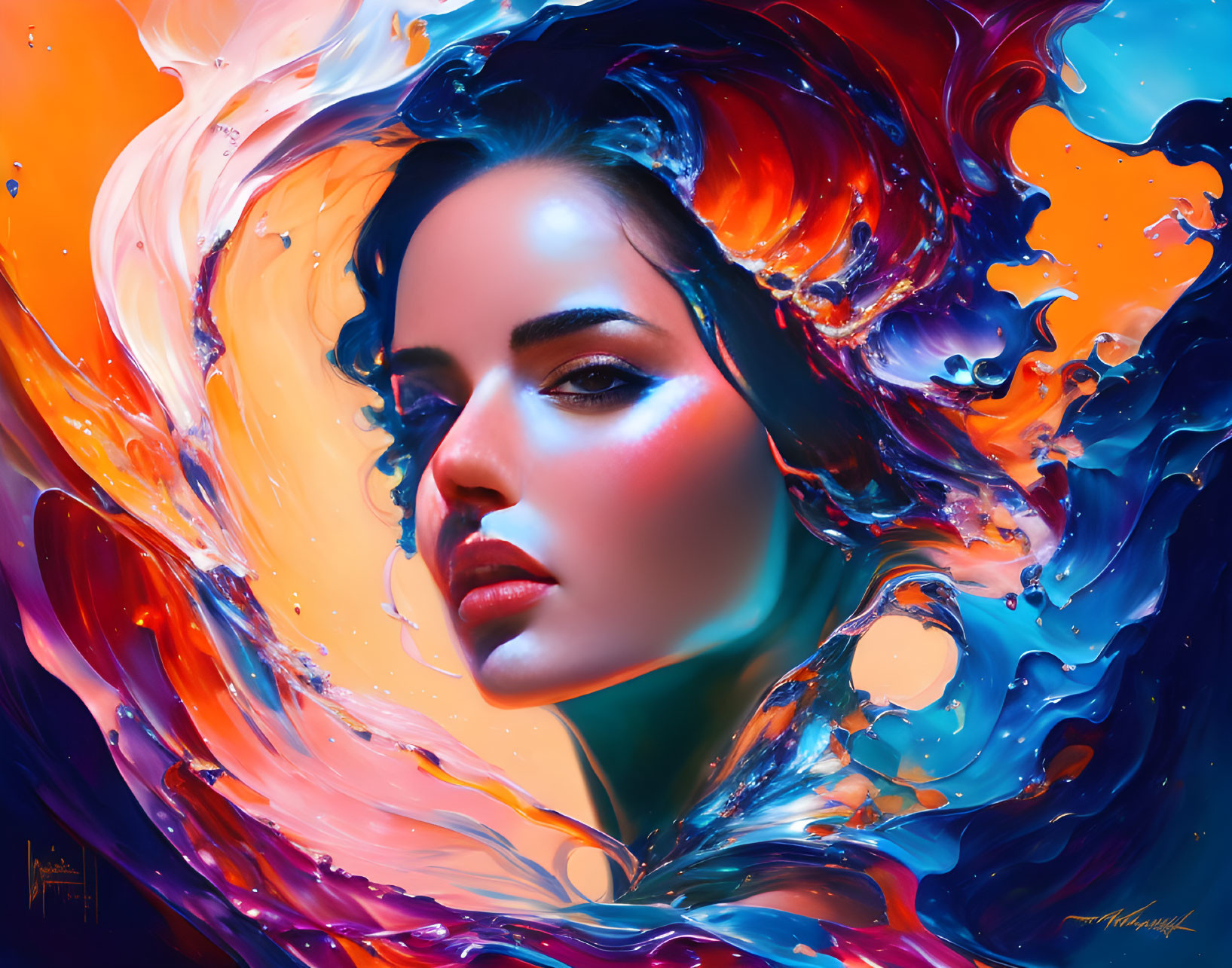 Vivid digital artwork: Woman's face in swirling, iridescent colors