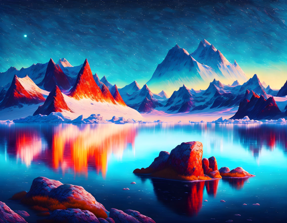 Surreal landscape with reflective waters, red mountains, and starry sky