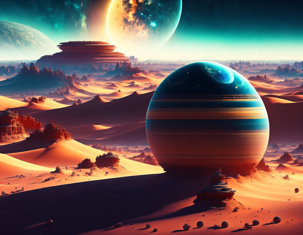 Surreal sci-fi landscape with colorful planets and sand dunes