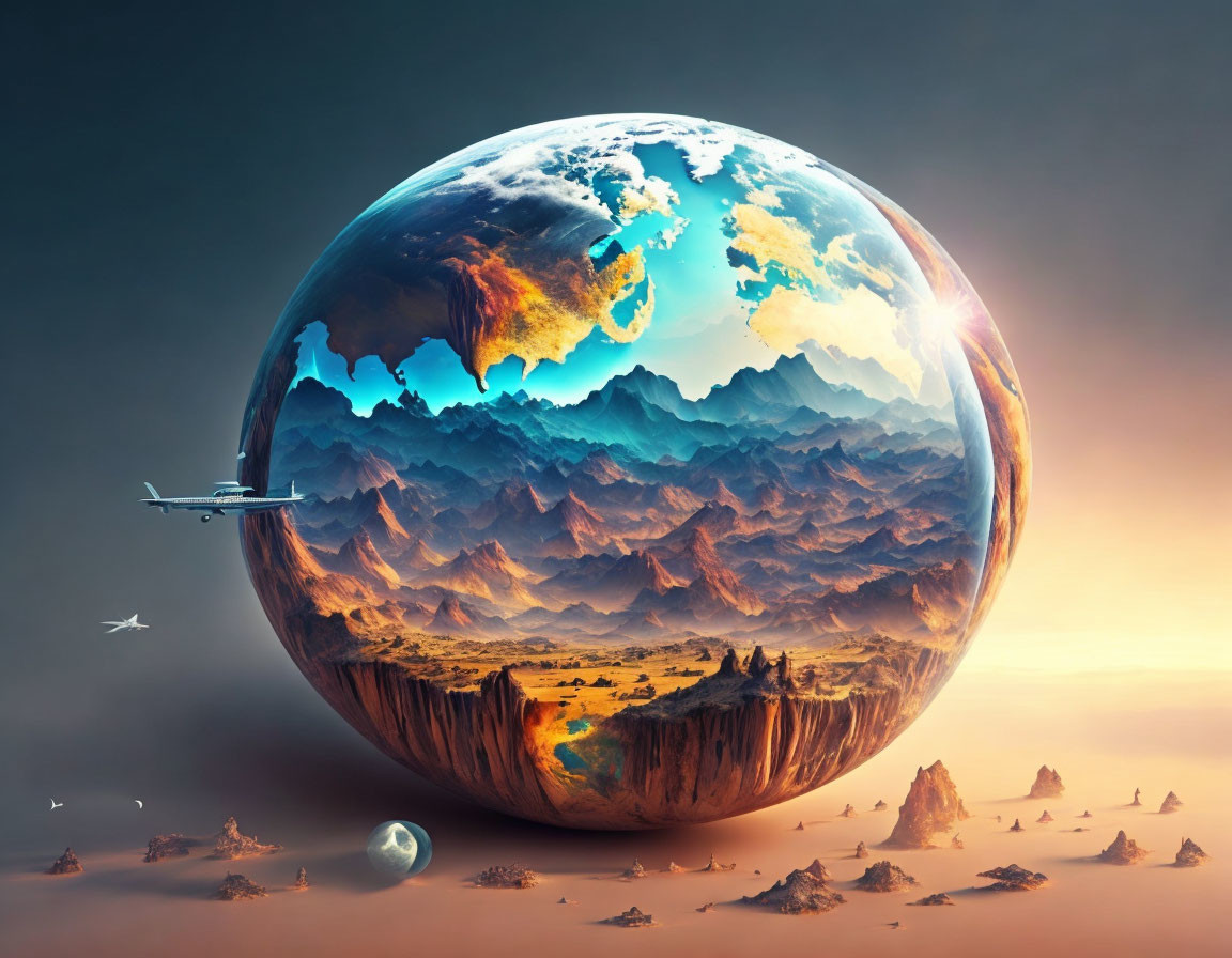 Spherical world with interior landscapes, airplane, and distant moon