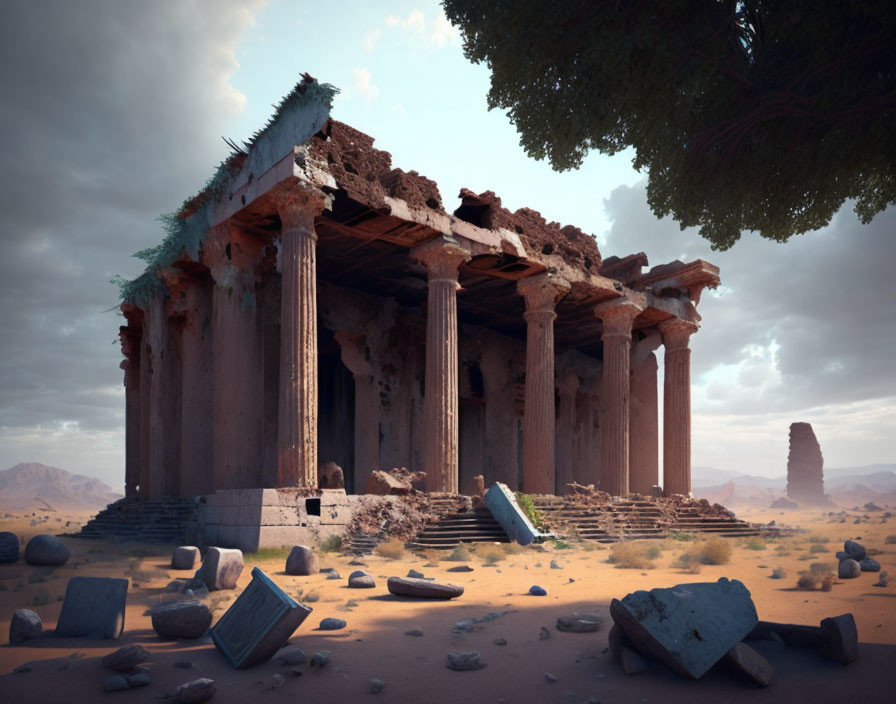 Dilapidated ancient temple with Corinthian columns in desert landscape