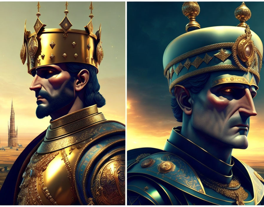 Stylized portraits of regal figure in crown and armor with city skyline backdrop