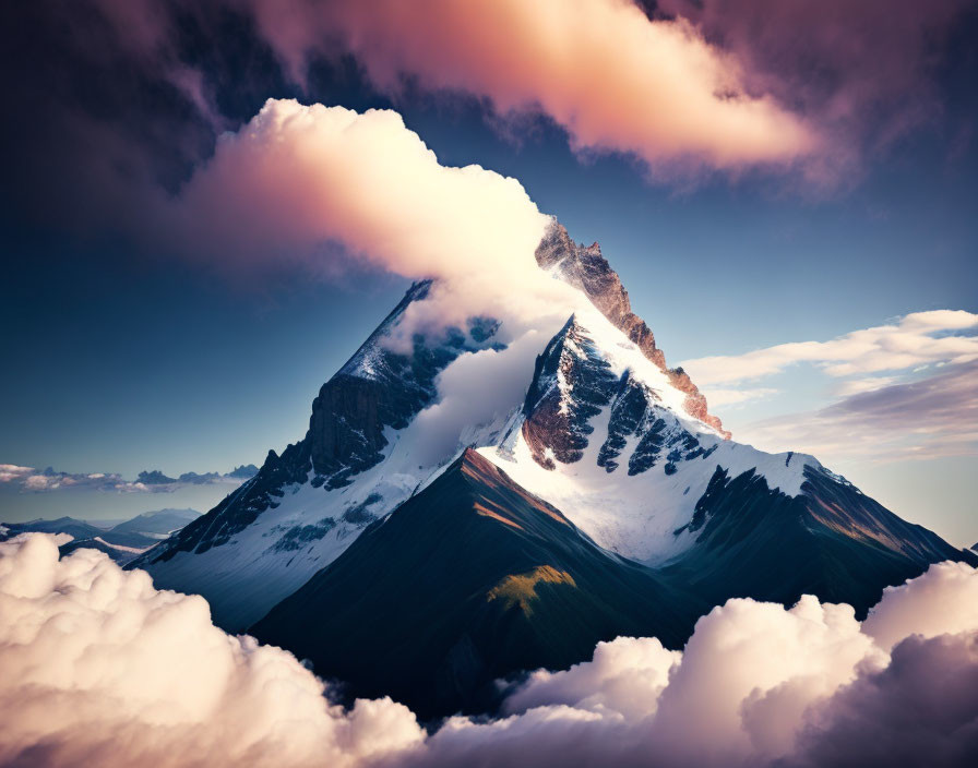 Majestic mountain peak above clouds under dramatic sky