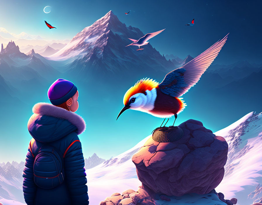 Person in winter gear meets colorful bird in snowy mountain landscape