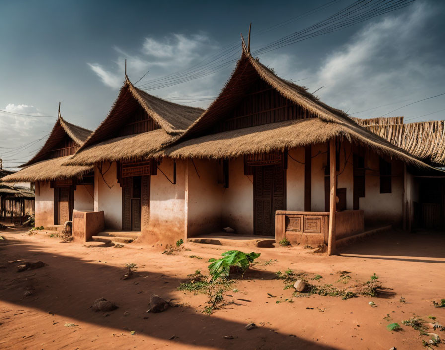 Thatched-Roof Houses and Terracotta Walls in Sandy Landscape