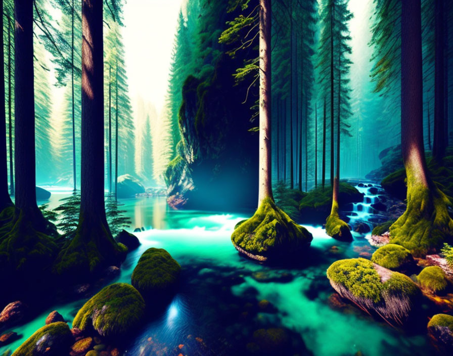 Tranquil forest scene with moss-covered rocks, river, mist, and sunlight.