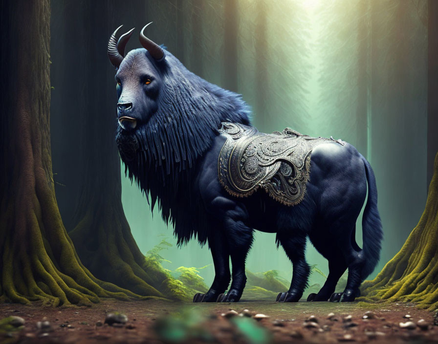 Mythical creature with lion body, goat head, and ornate saddle in mystical forest