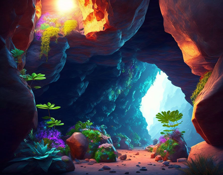 Lush greenery and flowers in vibrant cave opening