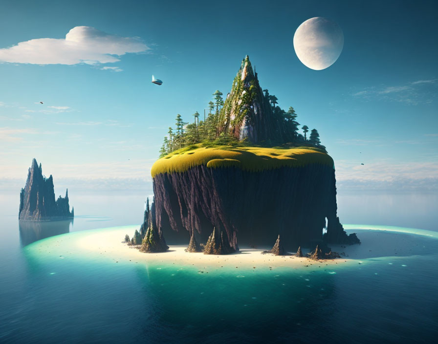 Digital artwork of serene floating island with mountain peak in calm blue waters under clear sky and large moon