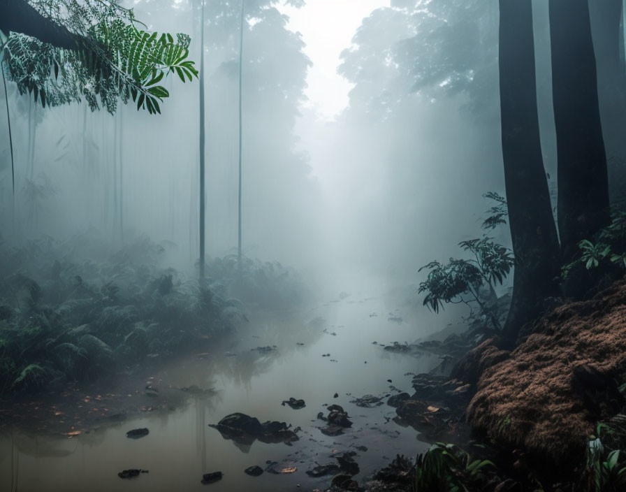 Foggy forest scene with tall trees and tranquil water body