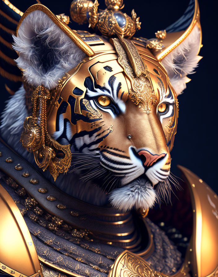 Regal tiger digital artwork with human-like features and ornate golden helmet.